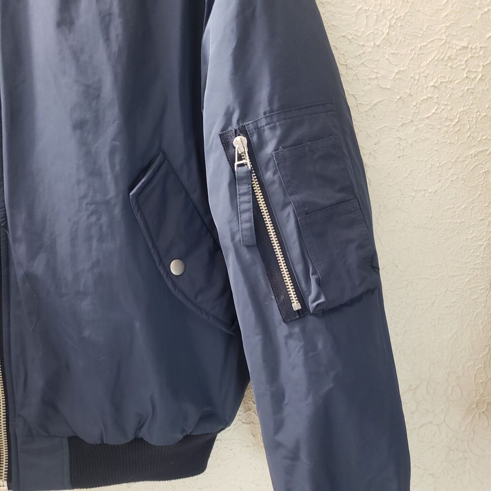 EUC Zara Padded Bomber Jacket Puffer Coat Womens L Navy Blue Quilted Lining Zip - Picture 3 of 11